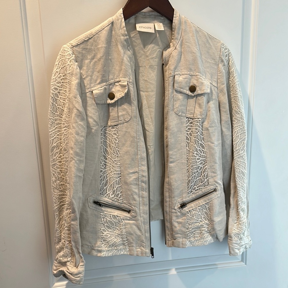 Chico's Elegant Cream Bomber Jacket with Lace Accents